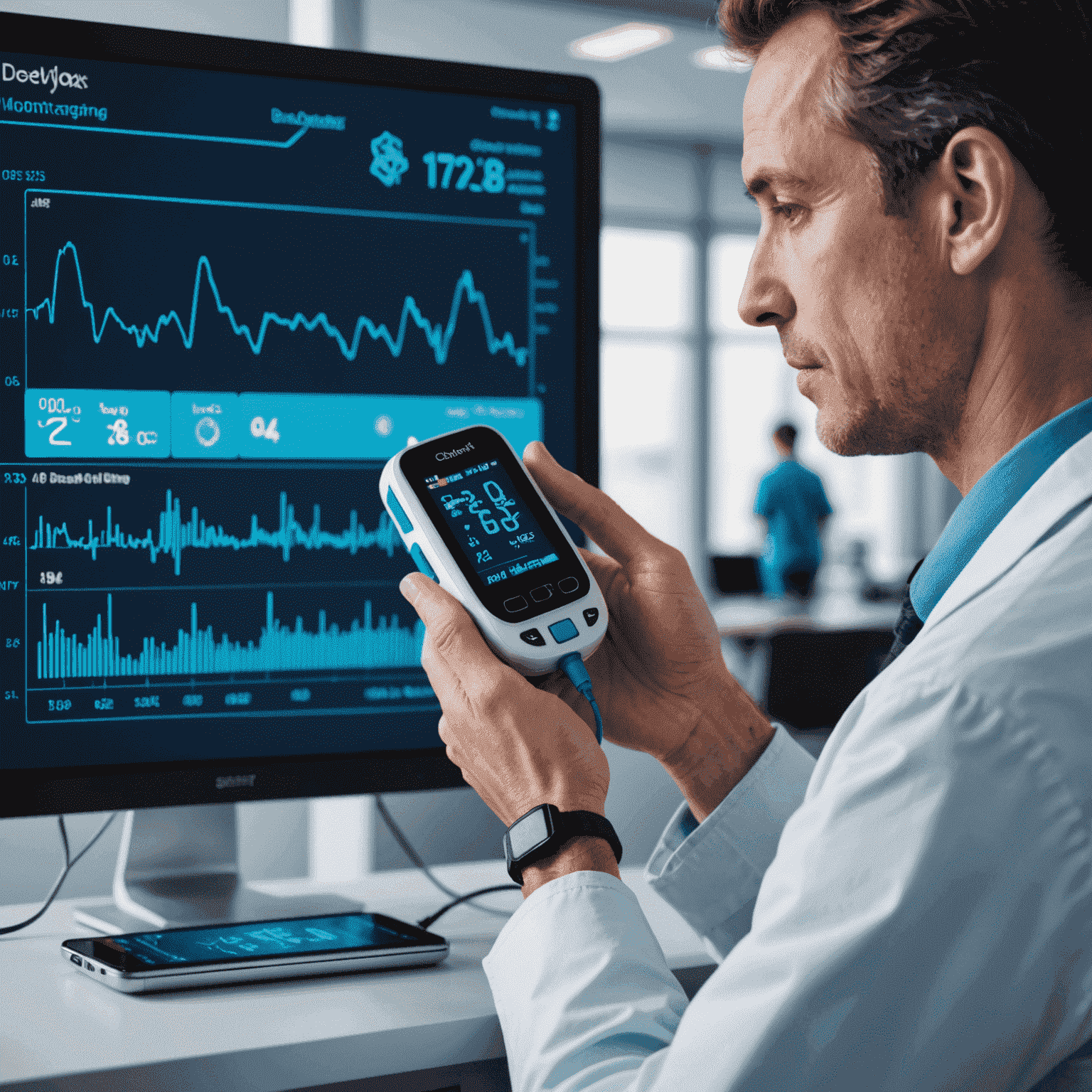 Ilustrație abstractă reprezentând monitorizarea la distanță a oxigenului. Un pulsoximetru OxiSmart este conectat wireless la un dispozitiv medical, cu linii ondulate albastre indicând transmisia de date. În fundal, silueta unui medic analizând informațiile pe un ecran mare.